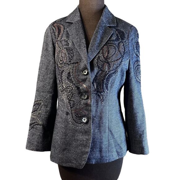 Y2K Coldwater Creek Sequin Embroidered Wool Blend Navy Blazer 6P Western Boho - Picture 2 of 8